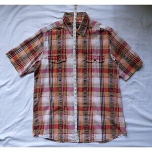 Eddie Bauer Shirt Mens X-Large Orange Plaid Button Up Short Sleeve Relaxed Fit